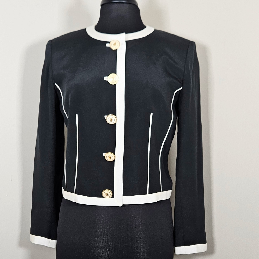 Vintage Starington Silk Cropped Collarless Lady Jacket Chanel Like Button Front